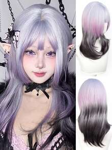 20英寸灰紫色渐变合成假发，带刘海，适合女性日常佩戴、洛丽塔角色扮演、万圣节、圣诞节、复古风格，耐热 - 拼色 - 查看 1