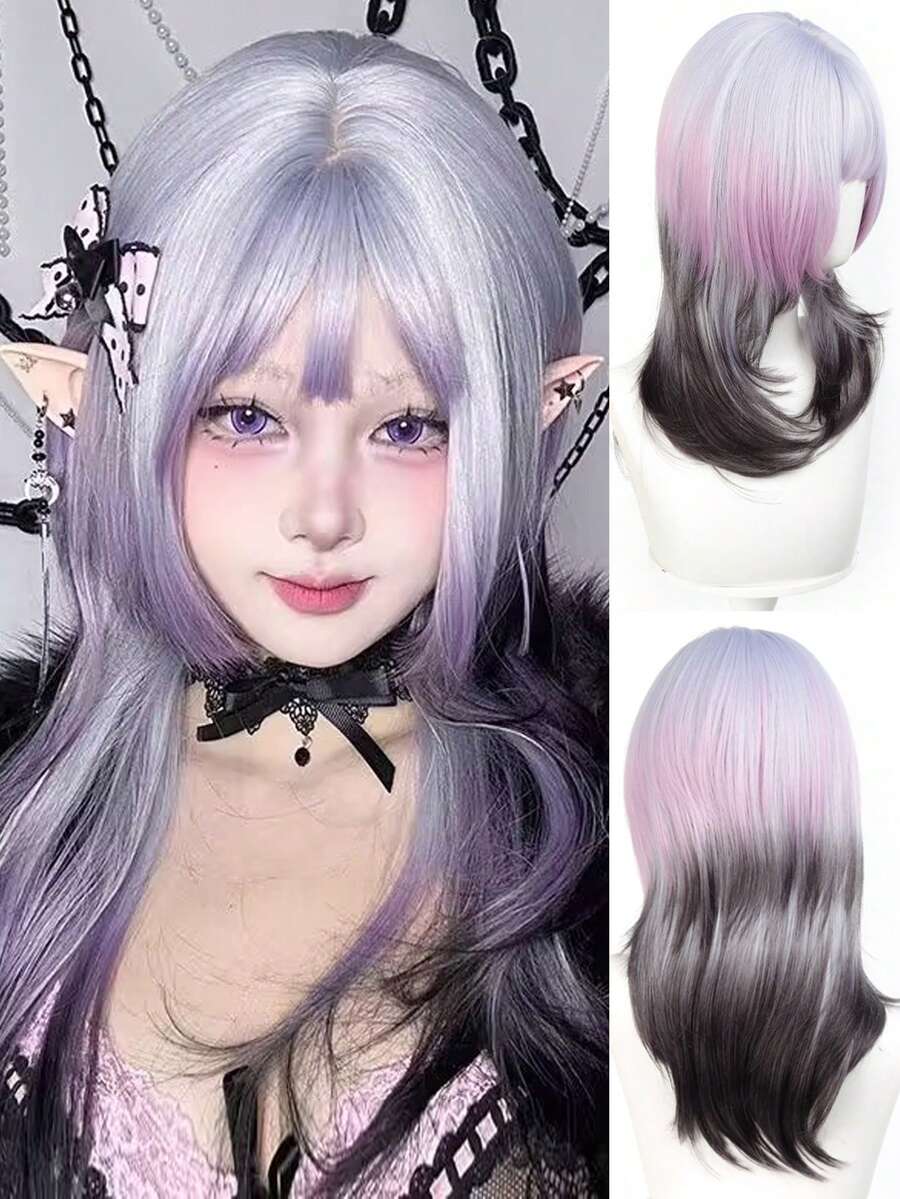 20英寸灰紫色渐变合成假发，带刘海，适合女性日常佩戴、洛丽塔角色扮演、万圣节、圣诞节、复古风格，耐热 - 拼色 - 查看 1
