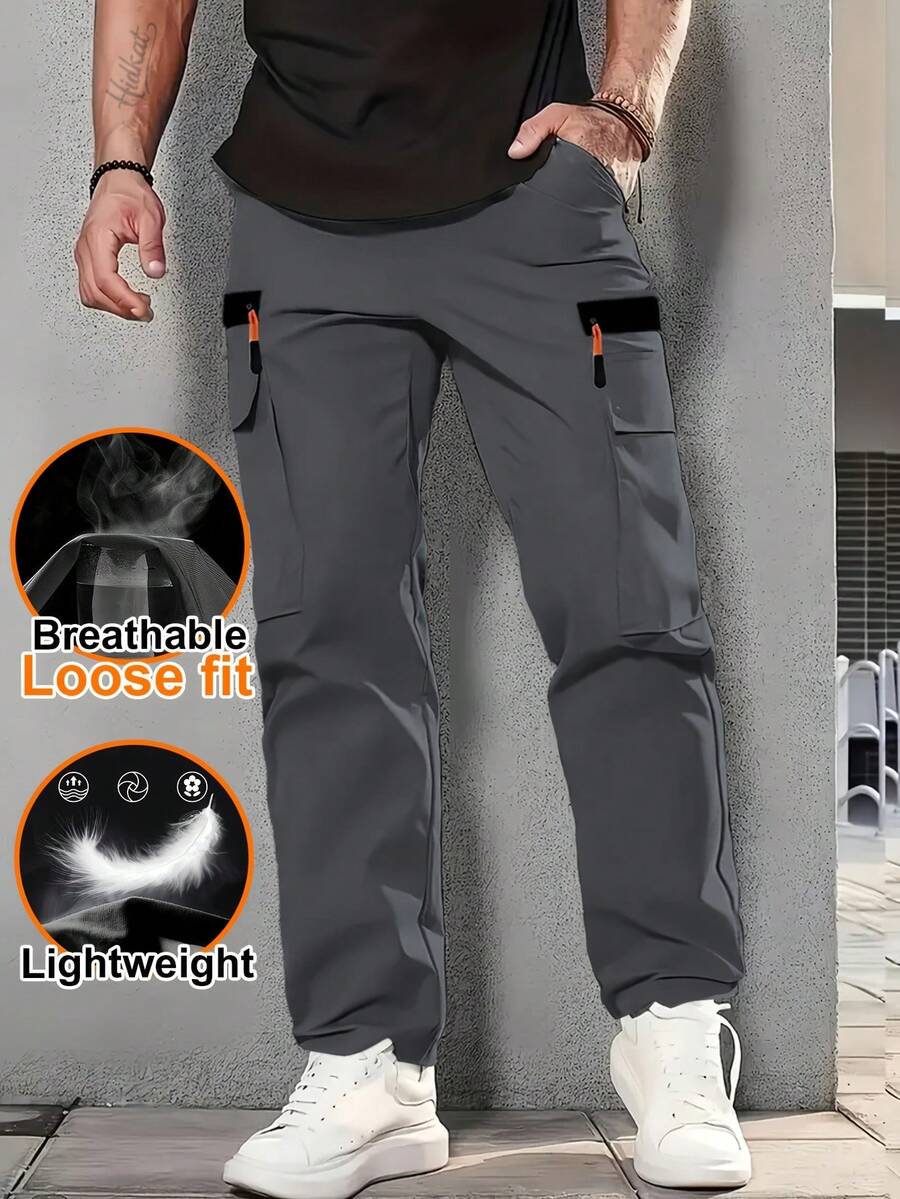 Men's Outdoor Multi-Pocket Cargo Pants, With Drawstring Waistband Design, Provides Ample Storage Space, Suitable For Outdoor Activities, Hiking And Daily Wear Sports - Grey - View 1