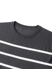 Men's Short Sleeve Knit Contrast Striped Sweater, Retro Lightweight Pullover Knit Top T-Shirt, Casual Commuter Wear For Summer - Dark Grey - View 4