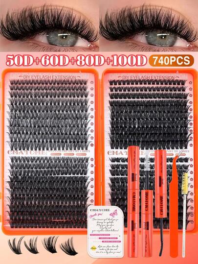 800/740/720 D-Shaped Segmented Eyelash Cluster, 10D+20D+30D+40D+50D+60D+80D+100D+120D+150D Mixed Length Thick Black Natural Fluffy Personal False Eyelashes DIY Home Kit. Thick Design Allows Beginners To Apply Easily. Long-Lasting Fashionable, Providing Comfortable Personal False Eyelash Wearing Experience For Parties, Gatherings, Travels, Etc. Mixed Length 8-16mm. Kit Includes Eyelash Glue, Setting Liquid, Eyelash Tweezers And Eyelash Brush.