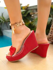 Summer New Bow Wedge Slide Sandals, Transparent Strap Square Toe Thick Bottom Mules, Sweet Beach Resort Style, Slimming Elevated Waterproof Platform Slippers, Versatile Casual Wear Sandals - Red - View 2