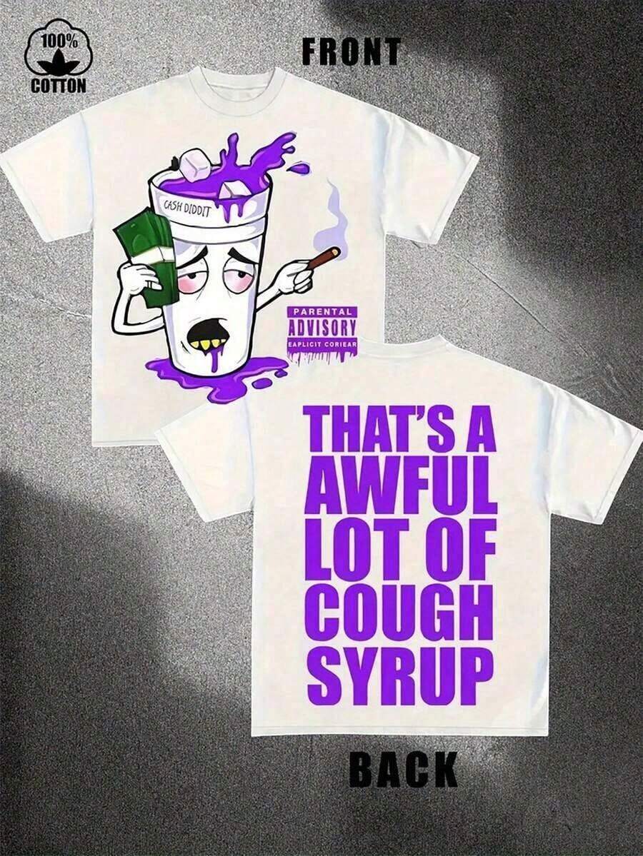 Y2K Style Cotton T-Shirt "That's A Lot Of Cough Syrup" |       100% Cotton |       Bold Graphic Print, 180g Double-Sided Printing, For Men And Women Print Y2K Crew Neck T Shirt For Women, Holiday, Vacation, Spring, Festival,Graphic Tees,Vintage T Shirts,Free Shipping,100% Cotton - 白色 - 查看 1