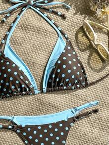 LUCKY HOLIDAY 2026 夏季新款极简撞色系带性感三角罩杯比基尼，女士情人节、海滩派对度假装扮 - 薄荷藍 - 查看 3