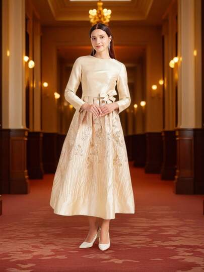 DEVCHATA Elegant Jacquard Long Sleeve Formal Gown Dress, Women's Long Formal Evening Dress With Round Neck And Extra-Large Skirt, Suitable For Party, Ball, And Banquet (Floral Pattern Random)