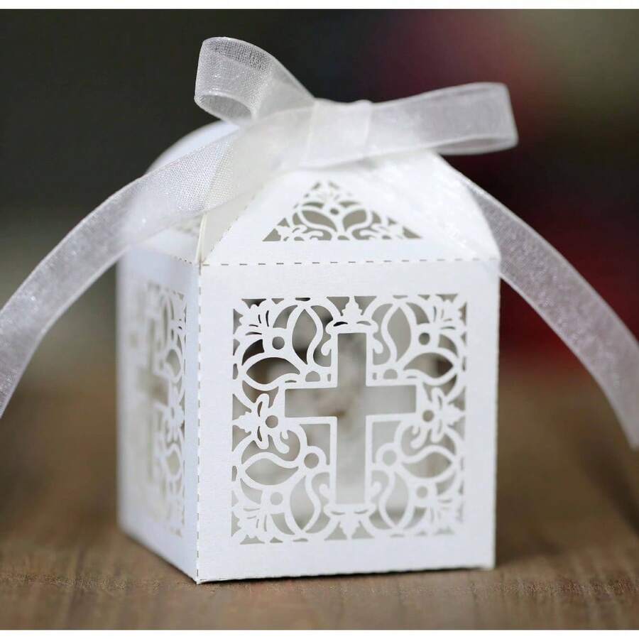 25pcs Cute Cross Gifts Boxes With Ribbons, Candy Boxes, Gift Favor Boxes For Shower Baptism First Communion Eid Mubarak Party Decorations Supplies Favors