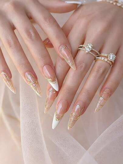 10pcs Long Stiletto Shaped Nail Stickers With Edging, DIY Nail Art Stickers, Nude Pink And White With Gold Lines, Butterfly & Pearl Decor, Luxury Elegant French Style Nail Stickers For Women, Includes 1 Gel And 1 Nail File, Suitable For Party, Prom And Casual Wear, Reusable Press-On Nails