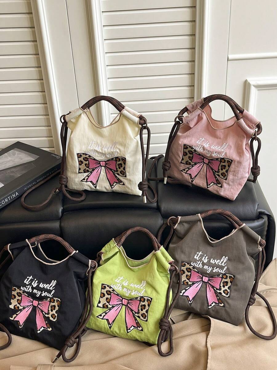 1pc Women's Handbag, Detachable Shoulder Strap, Multi-Color Nylon + Leopard Bow Embroidery + Drawstring Design, Nylon Material, Mini Tote Shoulder Crossbody, Drawstring Closure, Sweet & Cool Girl Style Bucket Bag, Suitable For Daily, Commute, Casual, Date