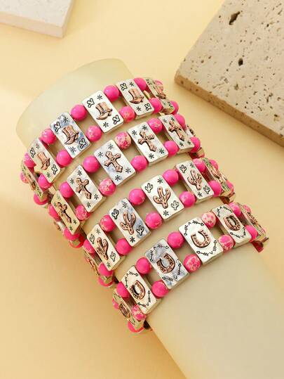 1件西部牛仔风格粉色绿松石串珠锌合金拼接牛仔靴和仙人掌吊坠手链（女士款）