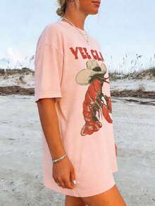 Lobster Cowboy Shirt, Yee Claw Tee Funny Lobster Tshirt Western Beach Top Amalfi Trip Tomato Girl Summer, Women's Oversized Casual Short-Sleeved Top,% Cotton All-Season Fashion Prints Loose-Shirt, Ladies-Shirt Friends And Family Holiday Parties, Vacation, Thanksgiving, Halloween, Valentine's Day Daily, Unisex - 粉色 - 查看 3