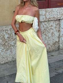 Women's Sexy Strapless 2 Pieces Set In Yellow, Suitable For Party, Beach And Daily Wear, Summer - Yellow - View 8