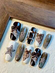 10pcs Retro Chic Leopard Print & Star Nail Tips, Almond Shape Medium Length, Mixed Nude Color Handpainted Nail Art, Comes With Jelly Gel & Nail File - Brown - View 3