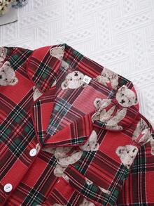3件套女士泡泡褶皱格子小熊印花开衫睡衣套装 - 紅色 - 查看 3