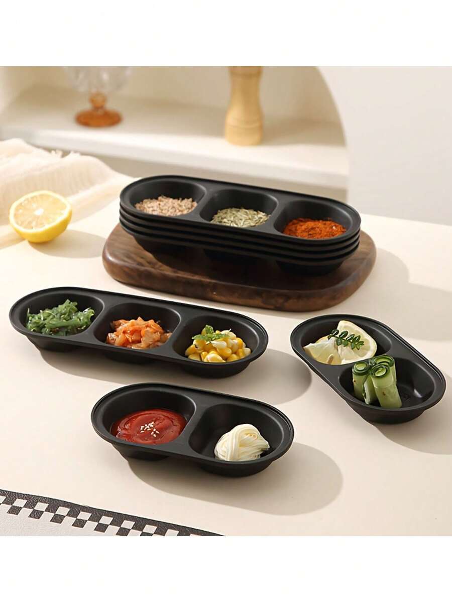 1个黑色塑料分隔调味碗，可重复使用，非常适合在餐厅、寿司店、派对、火锅聚会、野餐、露营和烧烤活动中盛放酱油、调味料和小菜。 - 彩色 - 查看 1