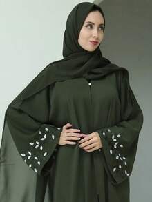 Bộ 2 món áo Abaya và khăn trùm đầu mùa hè dành cho nữ - Áo dài tay màu xanh ô liu ôm sát, thêu lá trắng ở cổ tay, thiết kế cổ chữ V tay loe, chất liệu vải dệt kim mềm mại, thoải mái khi mặc ở nhà và mặc thường ngày, có size lớn, thích hợp cho mùa xuân. - màu xanh lá - Xem 5