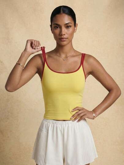 Never me Women's Contrast Color Dual Strap Casual Fitness Sports Tank Top With Built-In Padded Bra, Slim Fit Stretchy & Comfortable