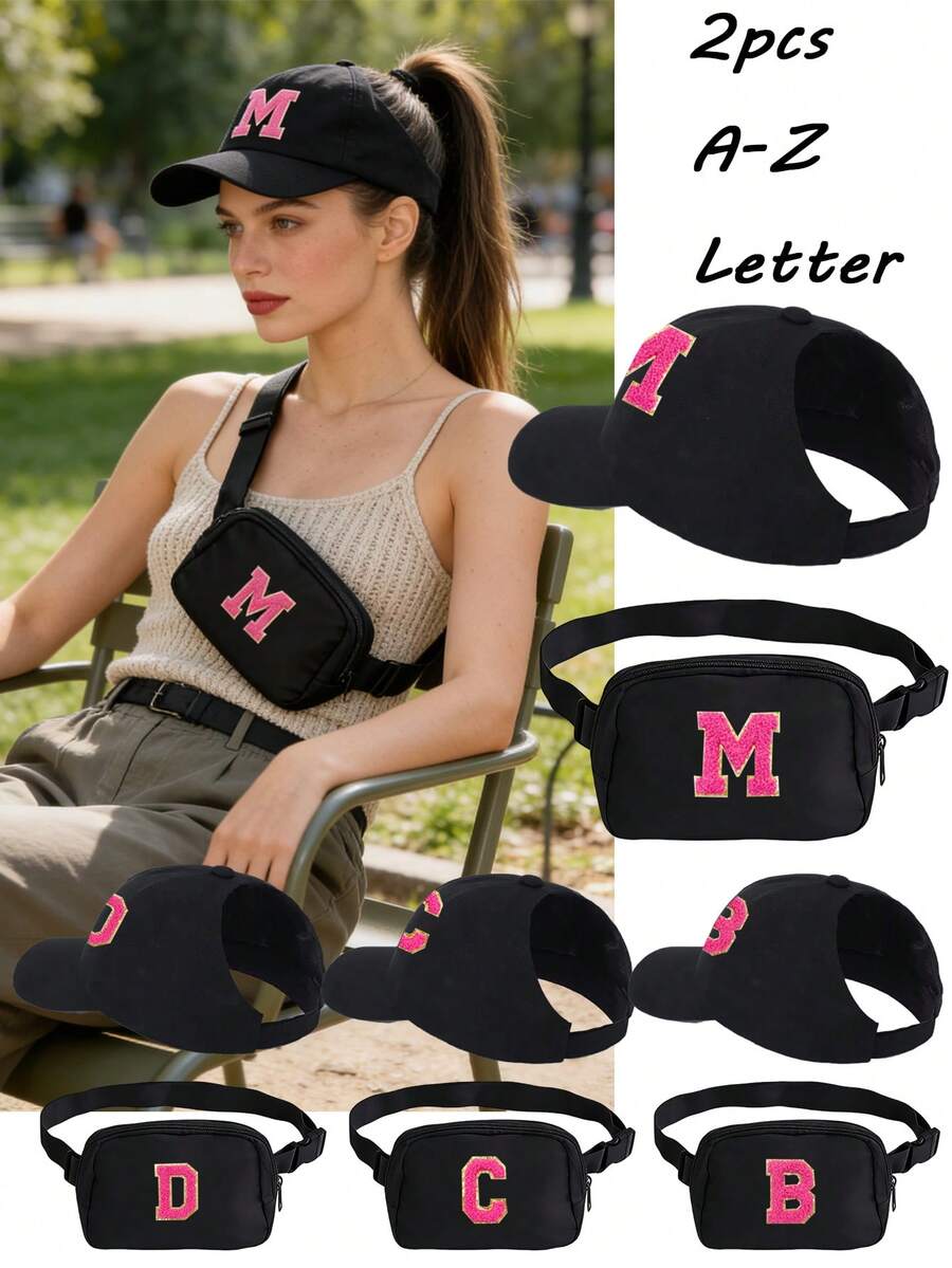 2pcs/Set Women's Personalized A-Z Letter Messy Ponytail Baseball Cap And Crossbody Bag Set, Adjustable Strap And Multi-Functional Crossbody Bag For Phone And Coins, Suitable For Outdoor, Vacation, Street Wear - Black - View 1