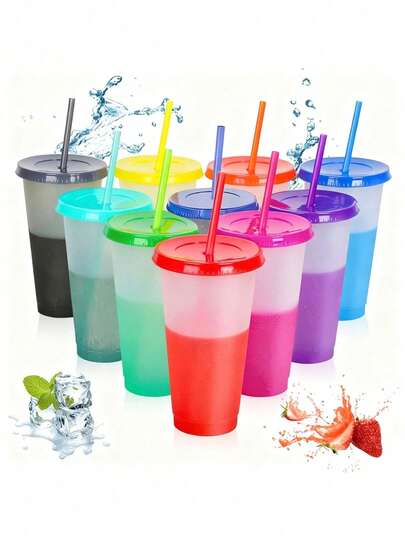 10 Vasos Mágicos de 700ml con Tapa y Popote ,Vasos Duraderos, Fáciles de Usar y Limpiar, Perfectos para Toda la Familia.
