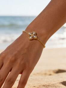 18K Gold Plated Pear-Shaped Crystal Four-Leaf Clover Bracelet, Bohemian Style Gold Summer Beach Vacation Stainless Steel Delicate Adjustable Chain Bracelet For Women - Gold - View 2