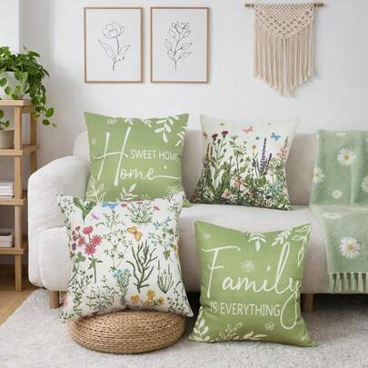 Spring Summer Pillow Covers 18x18 Set Of 4,Sage Green Wild Plant Floral Throw Pillows Case Outdoor Farmhouse Couch Home Sofa Bed Linen Pillow Decorations