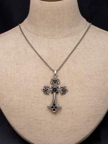 1件巴洛克十字项链，欧美嘻哈复古风格镶嵌大十字不锈钢项链，批发男士长款毛衣链和女士日常配饰 - 十字 - 查看 7