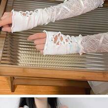 Womens Balletcore Y2k Edgy Tie Up Sun Protection Arm Sleeves For Summer Daily Outings Outfit Decor For Sweet Cool Casual Occasions - White and Blue Lace Long Dress - View 3