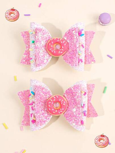 2PCS Donut Hair Bow Clips For Girls Glitter Sweet Macaron Alligator Clips Cute Sweet Style Hair Barrettes For Spring&Summer Travel Hairpins Headdress Teens Hair Accerssories