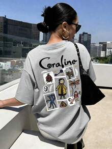 Women's Summer Cartoon And Slogan Graphic Round Neck Short Sleeved T Shirt ,Casual Loose And Versatile Holiday Style Tops,Fashionable Summer Outfits Suitable For Daily Holiday Wear,Halloween Costumes Women,Shalloween Atmosphere,Halloween Caroline And Ghost Graphic-White And Navy Off-The-Shoulder Cropped Top - 灰色 - 查看 1