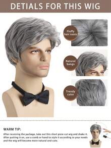 10Inch Men Short Curly Hair Wig With Side Bangs In Fashionable Natural Silver Gray Suitable For Daily Wear  Halloween Holidays Costume Parties - 銀灰色 - 查看 5