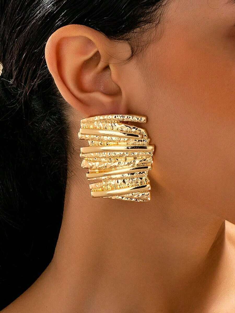 1 Pair Vintage Asymmetrical Crinkle Texture Geometric Earrings, Creative Versatile Earrings - Yellow Gold - View 1