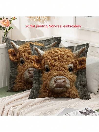 2pcs Scottish Highland Cow Embroidery-Like Decorative Pillow Covers, Hidden Zipper Closure, Durable Fabric, Single-Sided Printing, Suitable For Sofa, Living Room, Homestay, Bedroom, Office And Other Decorative Cushions (Inner Pillow Not Included)