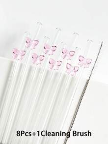 1/4/8支装可爱粉色蝴蝶结玻璃吸管，可重复使用弯曲加厚透明玻璃吸管套装，适用于水杯、奶茶、咖啡、果汁、冰沙等饮品，适合居家、餐厅、单身派对、婚礼、鸡尾酒会、返校季、礼品等场合。 - 彩色 - 查看 8