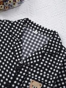 Bộ đồ ngủ cardigan kẻ caro nhăn 3 món dành cho nữ, thêu hình gấu. - Màu xám đen - Xem 3