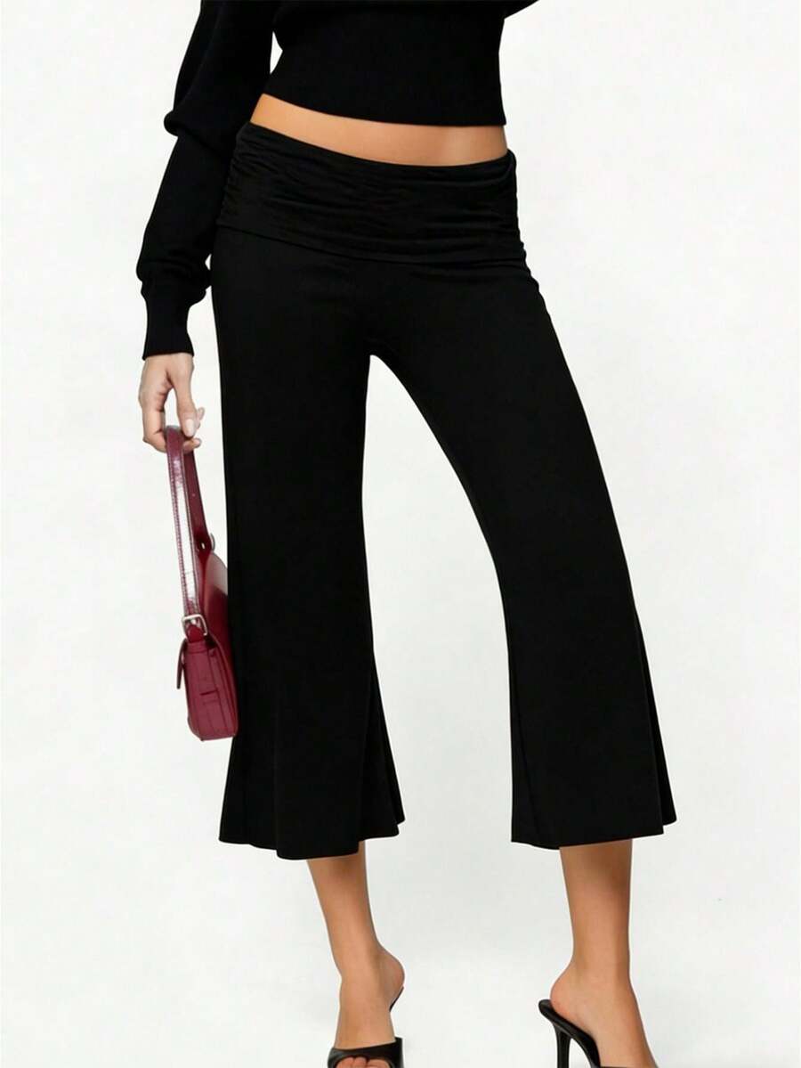 Women's Fold Over Waist Capri Fashionable Casual Solid Color Low Rise Wide Leg Crop Pants - màu đen - Xem 1