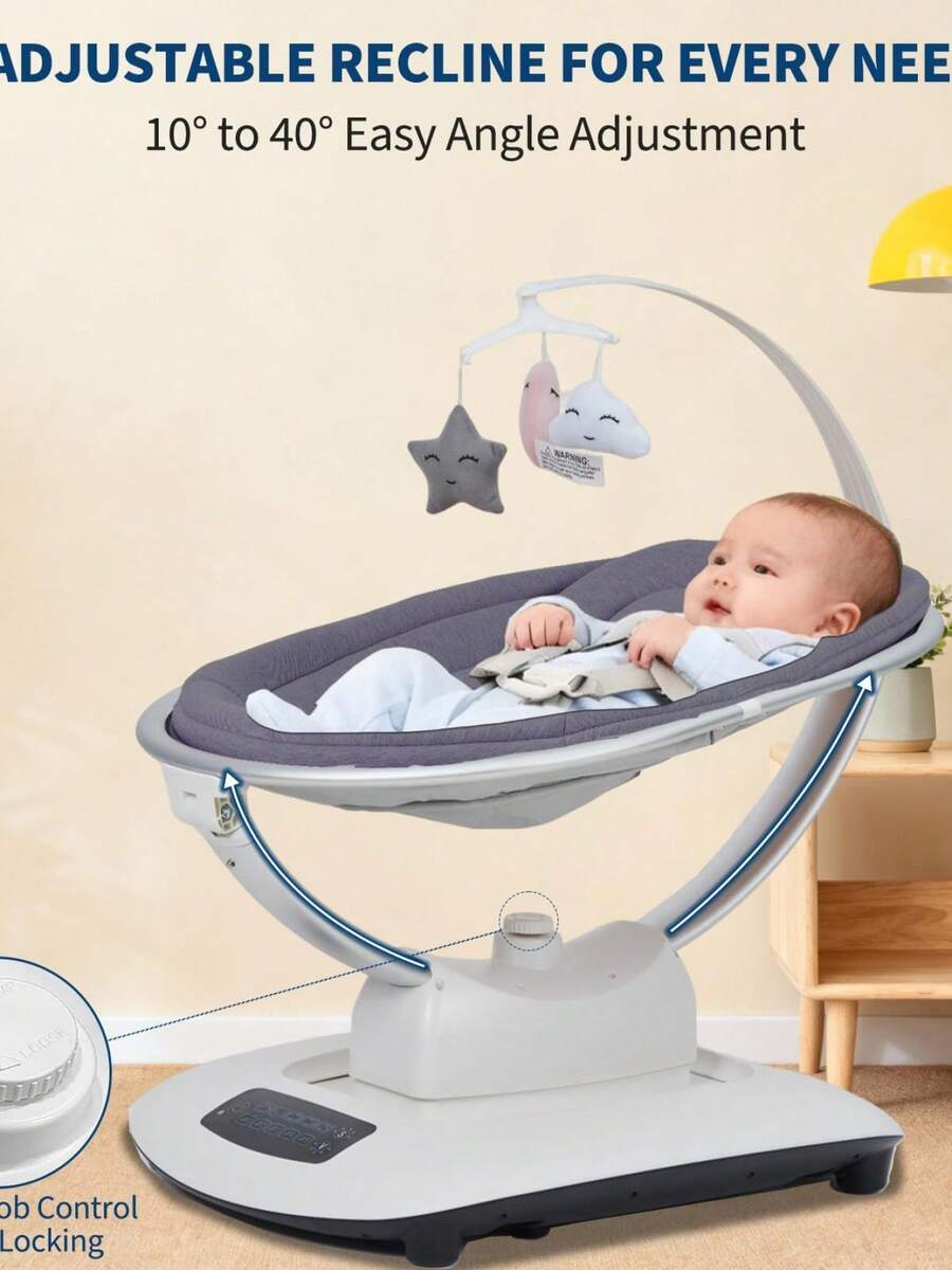 Columpio eléctrico para bebés con 5 modos y velocidades de movimiento: control remoto, reclinación ajustable, arnés de 5 puntos, nanas relajantes, mecedora portátil para recién nacidos y niños pequeño - Gris - Ver 1