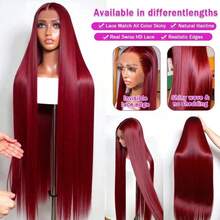 13x4 高清蕾丝前假发，真人前额发丝，200% 密度，直发，预先拔毛发际线，漂白发结，中分，自然外观，易于佩戴，混合发丝，酒红色，99j，适合女性，婚礼派对，日常佩戴，28 英寸 - SBUG - 查看 5