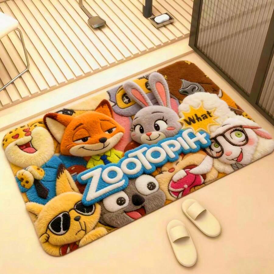 1PC Diatom Mud Door Mat, Cute Cartoon Characters Nick And Judy Floor Mat, Quick-Drying Water-Absorbent Diatom Soft Floor Mat, Rubber Bottom Non-Slip, Easy To Clean, Absorbent Floor Mat For Bathroom And Toilet Entrance, "Crazy City" Theme Home Decoration, Living Room, Bedroom, Yoga Room Home Bathroom Decoration Outdoor Carpet Door Mat, Summer Decorative Carpet, Bathtub Mat, Home Decoration Essentials, Kitchen Carpet - Multicolor - View 1