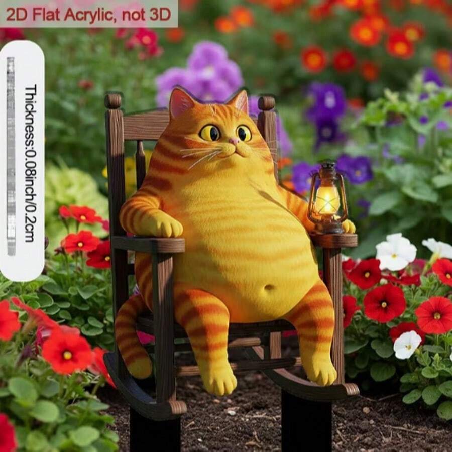 2D Flat Design, 1pc Cute Tabby Cat Garden Stake - 2D Flat Acrylic Outdoor Plant Stake With Pointed Tip, Suitable For Planters, Durable Garden Decor With Tabby Cat Pattern (Orange And White Stripes) - A - View 1