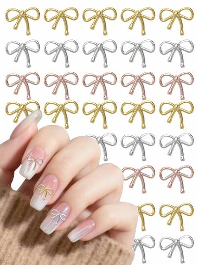 100个金色银色玫瑰金3D蝴蝶结美甲饰品 - 精致镂空金属铆钉设计，适用于DIY美甲和珠宝制作，美甲装饰饰品