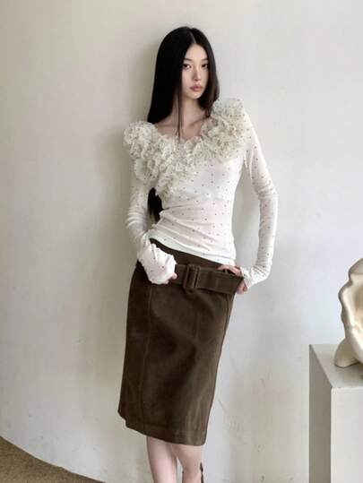 1PC韓国インスタイルの白い水玉レースストレッチローネック長袖ボトムTシャツ、わずかに透明で快適なレディーストップス、2026春夏の新しいスタイル、旅行、パーティー、デート、宴会、誕生日プレゼントに最適