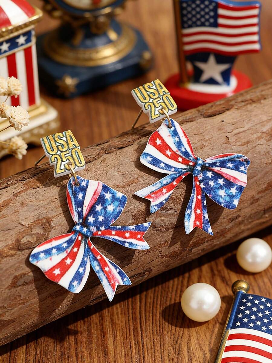 1 Đôi bông tai acrylic in hình cờ Mỹ và bướm, kiểu dáng yêu nước cho lễ kỷ niệm Ngày Độc lập. - Nhiều màu - Xem 1