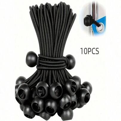 10pcs Heavy Duty Adjustable Elastic Cords With Plastic Balls - Black Camping Accessories For All Seasons, Used For Tent Fixing, Storage And Transport - Foldable And Durable Outdoor Gear, Camping Organization Tool | Strong Adjustment, Adjustable Cords | Essential Camping Accessories