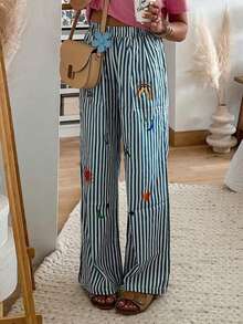 女士蓝色条纹刺绣直筒休闲度假优雅沙滩裤，适合外出、海滩、春季旅行 - 藍色 - 查看 3