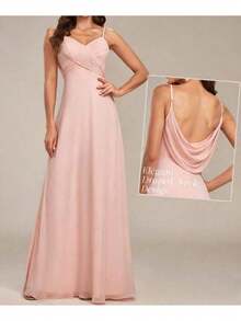 Vestido Halter De Gasa Plisado Sin Mangas Con Escote En V Profundo De Color Sólido Para Mujer - 粉色 - 查看 3