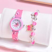 2pcs Set: Fashionable Cartoon Butterfly Print Watch Strap, Creative Student Quartz Wristwatch & Gradient Color Beaded Bracelet For Girls - Pink - View 9