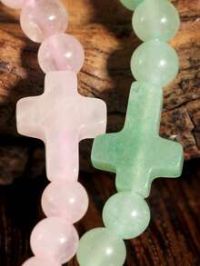Natural Stone Cross Bracelet, Vintage 6mm Bead Quartz & Green Agate Beaded Bracelet, Energy Balancing Natural Stone Couple Bracelet - Multicolor - View 8