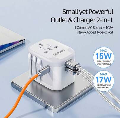 PHILIPS Bộ chuyển đổi nguồn du lịch toàn cầu di động (Model: SPS1001A/93) - Bộ chuyển đổi nguồn theo tiêu chuẩn Anh, Nhật Bản, Châu Âu và các tiêu chuẩn quốc tế khác, phù hợp với hơn 200 quốc gia và vùng lãnh thổ trên toàn thế giới. Công nghệ sạc nhanh USB-C được nâng cấp, công suất đầu ra cao và chức năng kép; tương thích với máy tính xách tay, điện thoại thông minh và các thiết bị khác.