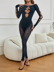 女士露肩镂空修身连体衣 - 藏蓝色 - 查看 1