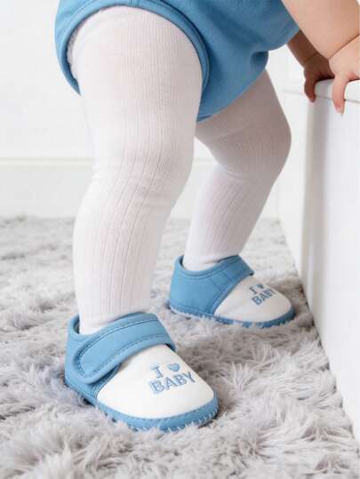 1 Pair Blue Adjustable Prewalker Shoes "I Love Infant" Embroidered Soft Sole Infant Shoes Breathable Anti-Slip Shoes For Crawling, Indoor Walking, Party & Daily Wear Aged 0-12M