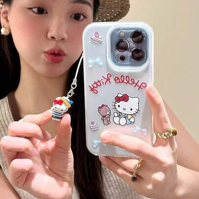 SANRIO 时尚可爱卡通蝴蝶结猫咪毛绒玩具手机壳，带挂绳，适用于 16 Pro Max、13、15、14 Pro，双层防震手机壳